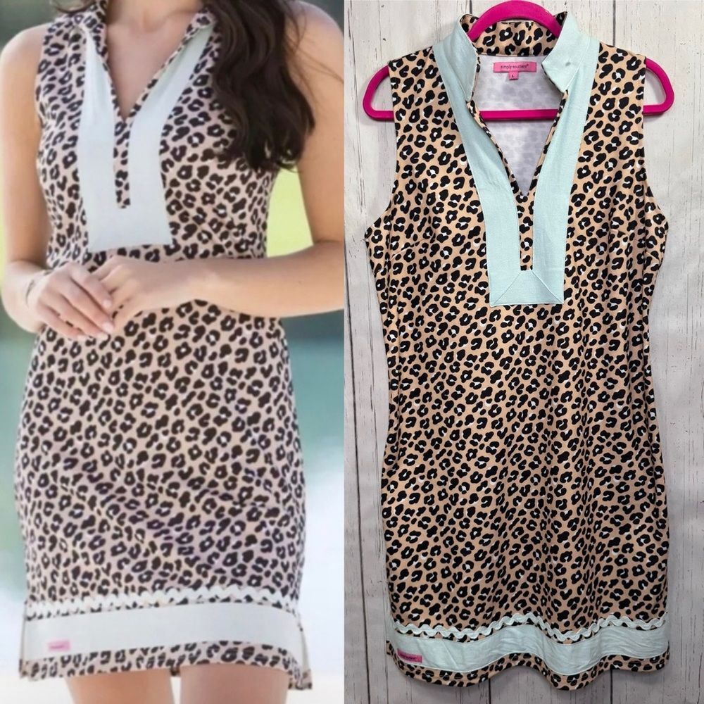 Simply Southern Sleeveless Leopard Print Shift Dress Tan Mint Size L Preppy Chic